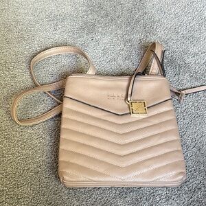 Nicole Miller Taupe Quilted Crossbody Bag. Snap Pockets, Zip Sections, Slots!